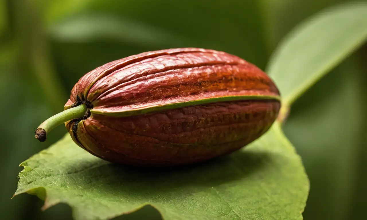 Vaina de cacao cortada, realista y detallada, con fondo verde difuminado
