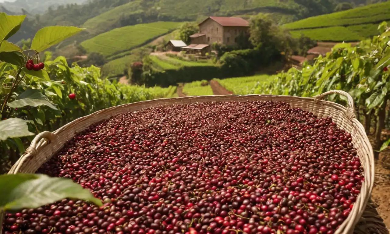 Escena realista de la cosecha de café en una plantación
