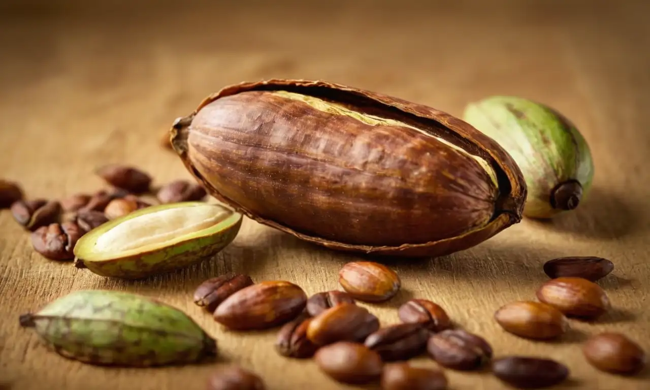 Vaina de cacao madura, abierta y entera, representada de forma realista con detalles precisos