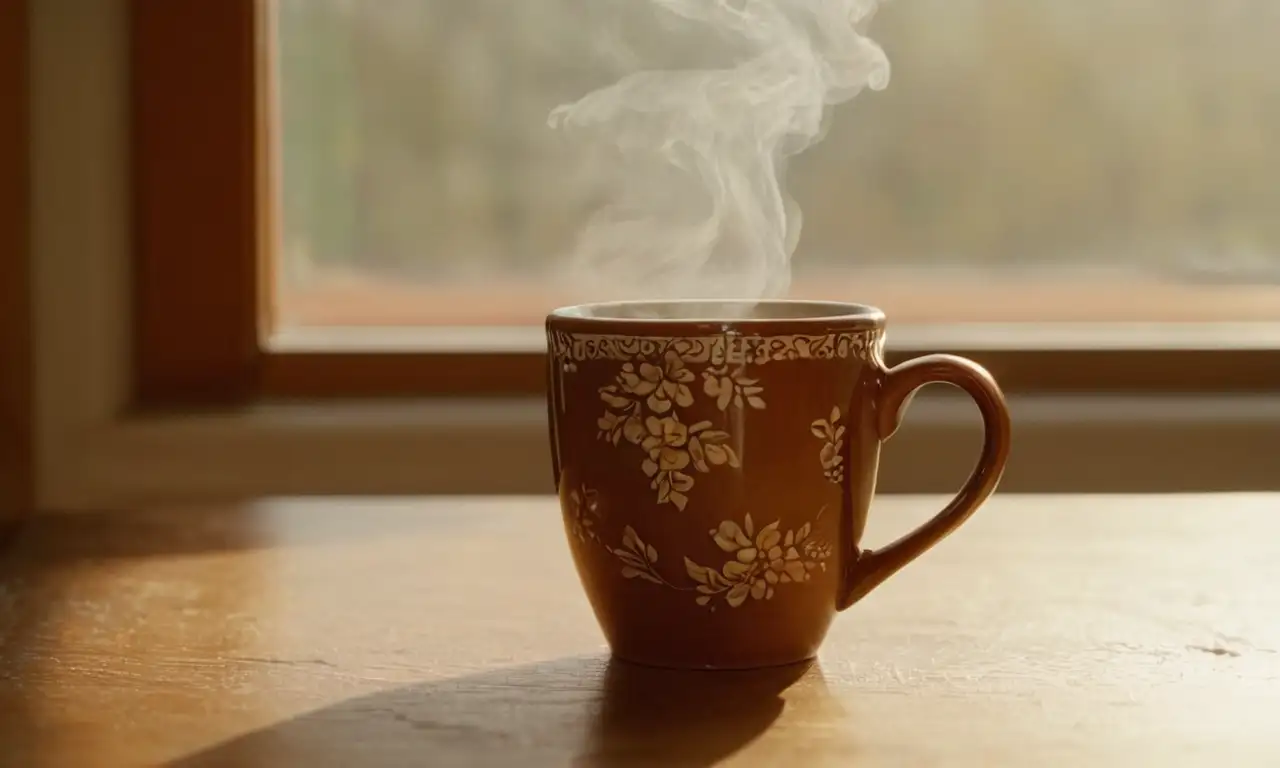 Taza de café humeante en una mesa iluminada por el sol