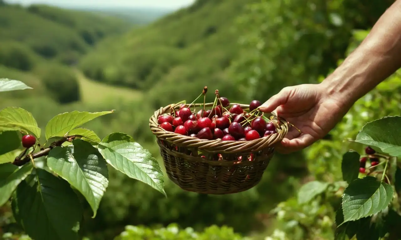 Manos recogen cerezas de café en un paisaje cafetero