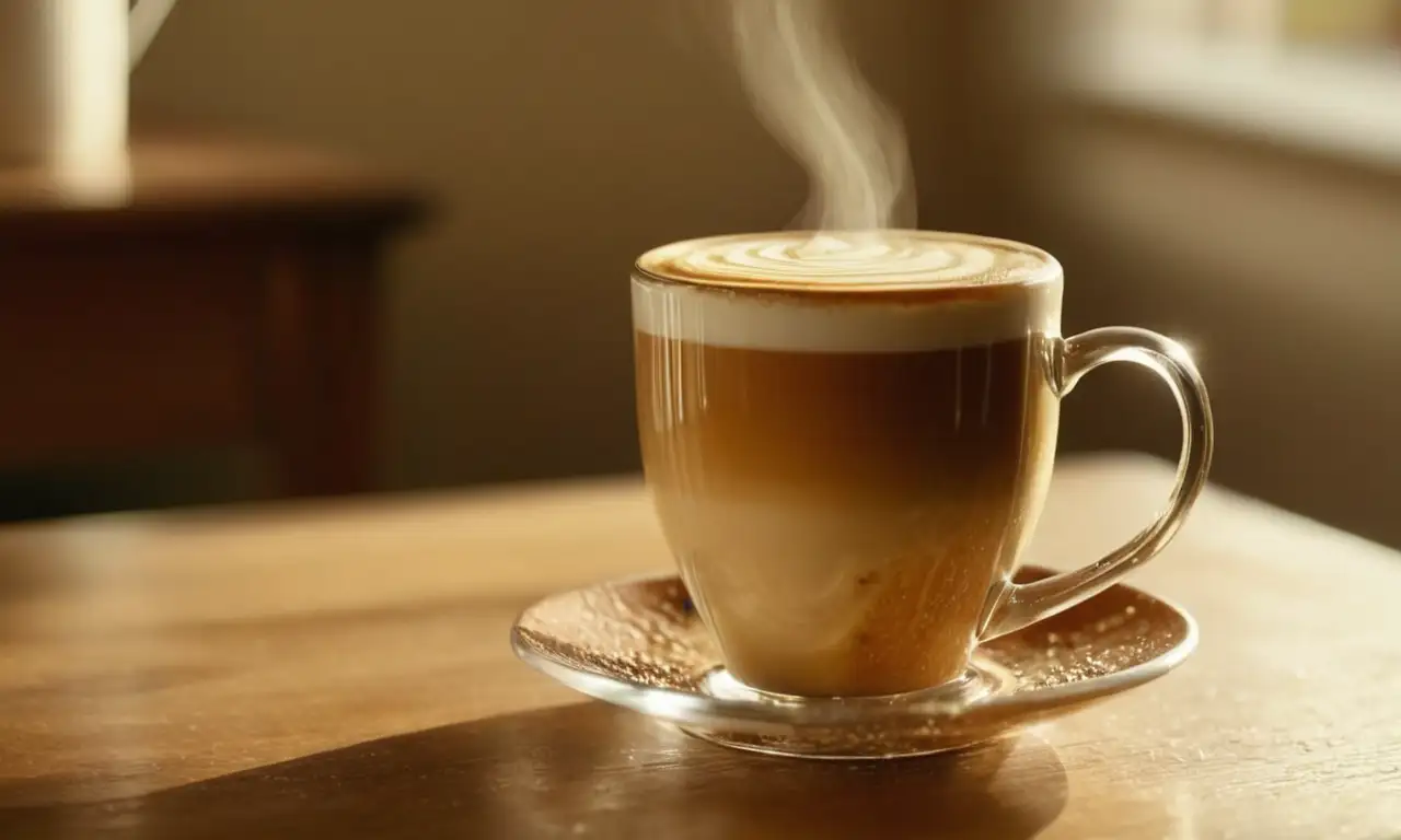 Taza humeante de café con leche en una mesa