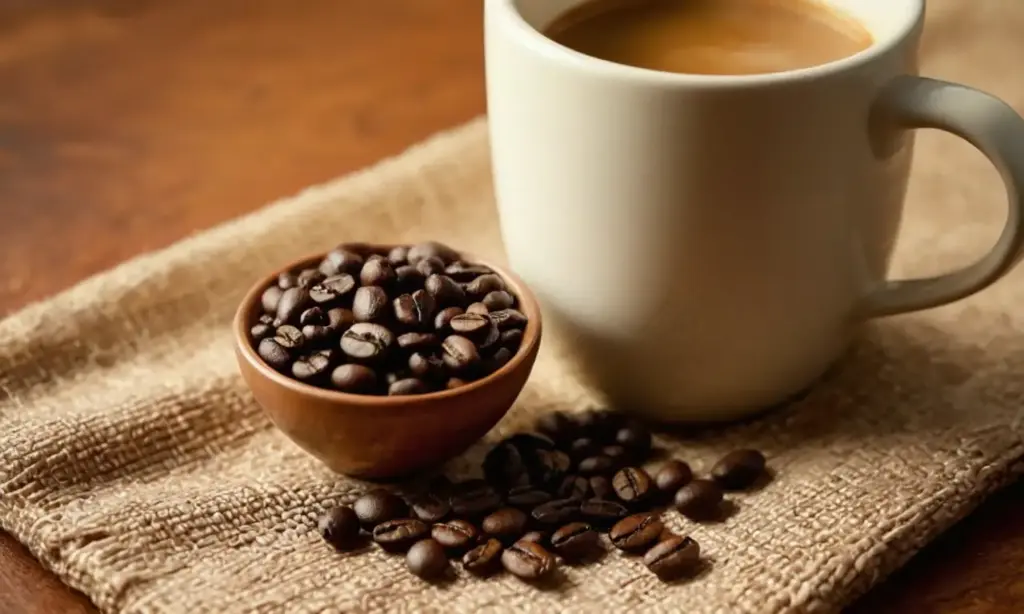 Una taza de café humeante en manos arrugadas