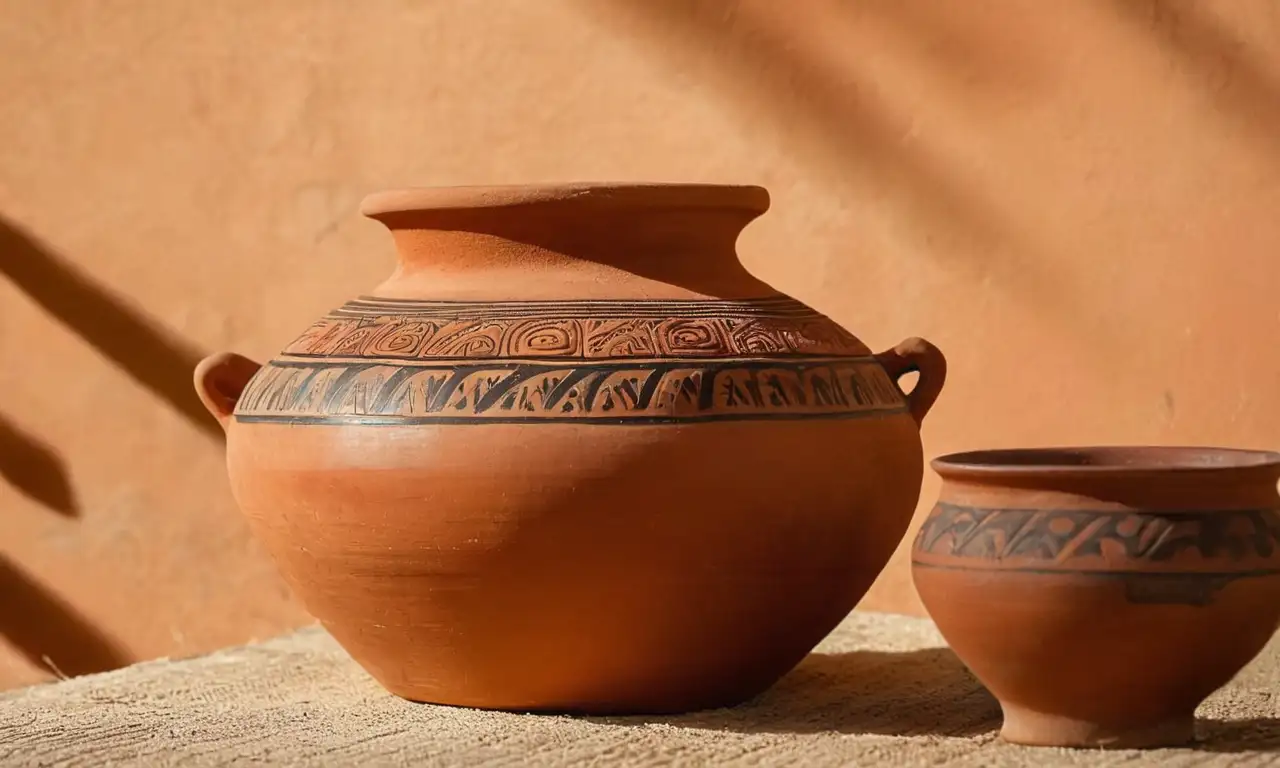 Una vasija precolombina de terracota con la figura de un jaguar se destaca sobre un fondo difuminado