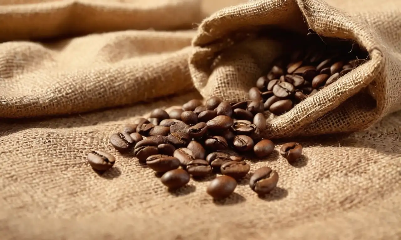 Granos de café tostado oscuro en una saco de arpillera