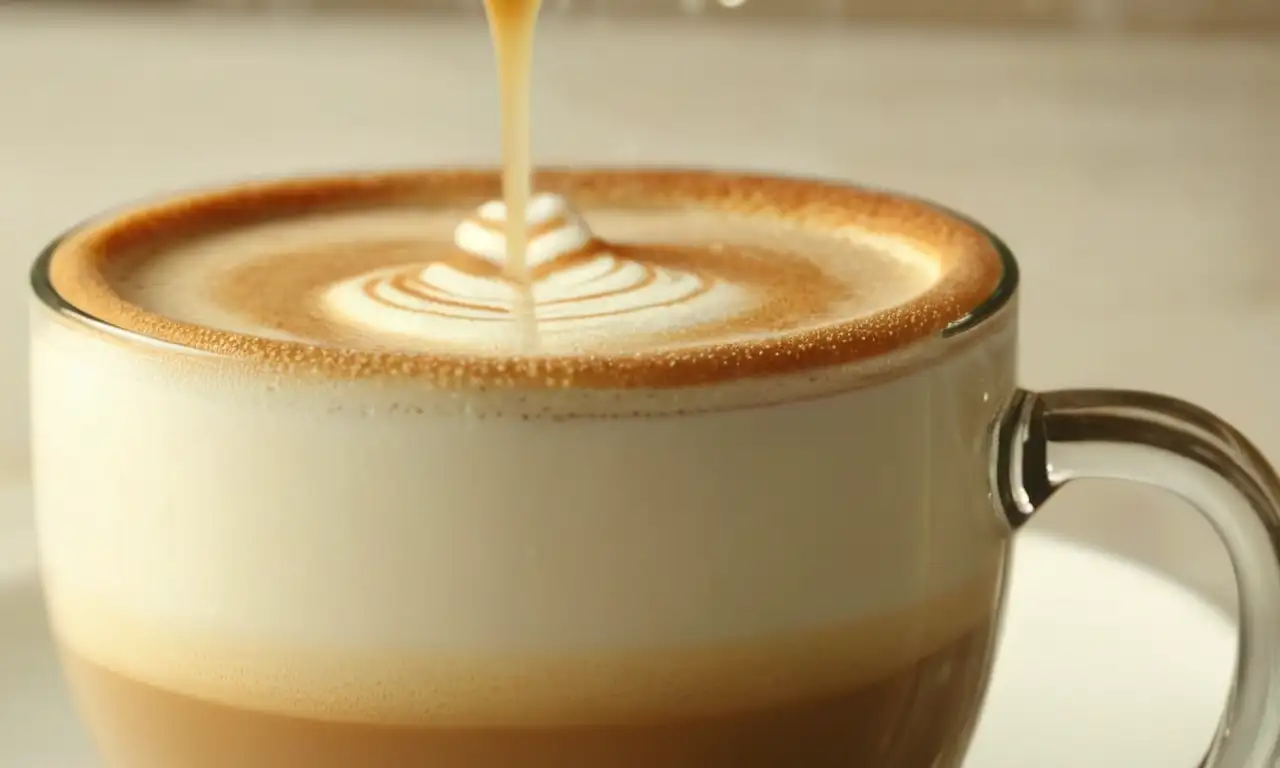 Latte humeante en taza de cristal con detalles realistas