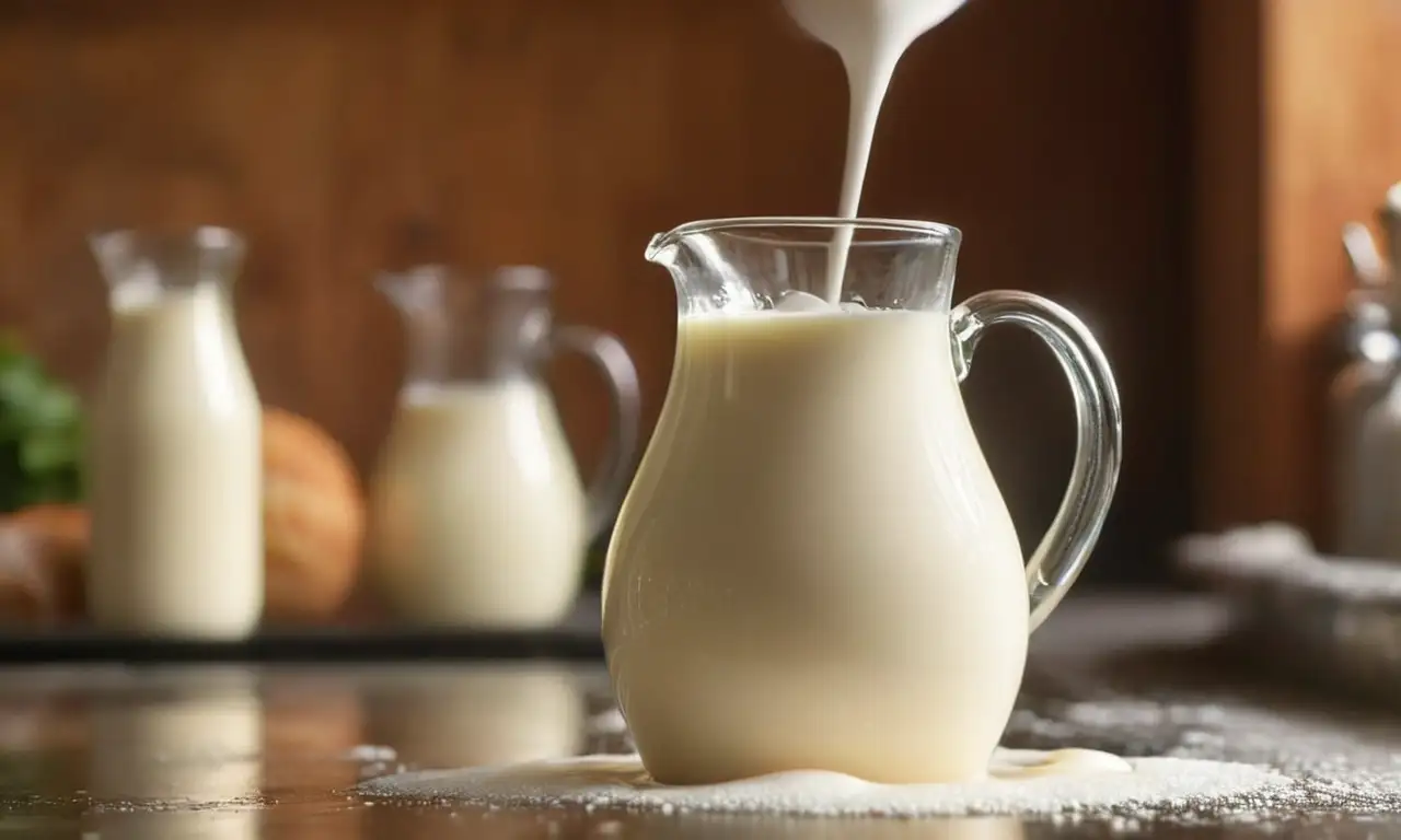 Jarra de leche humeante con microespuma cremosa y detalles realistas