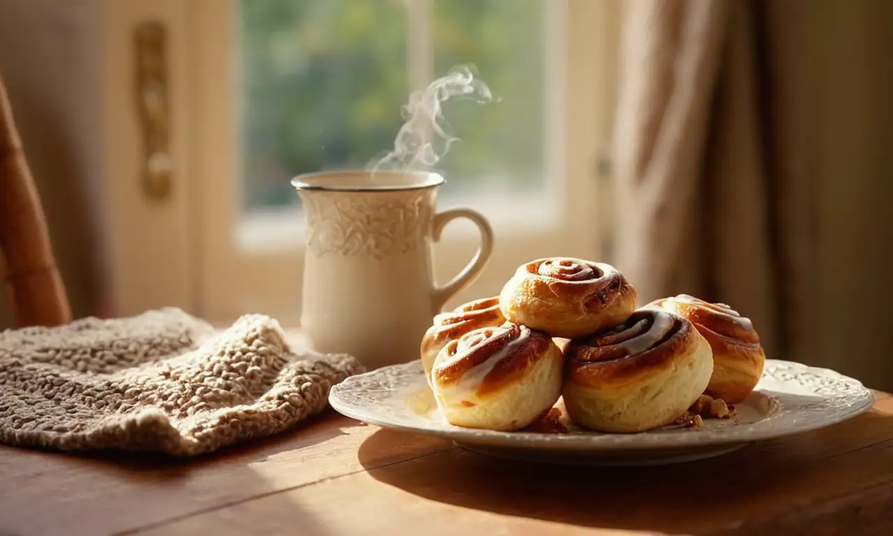 Cálida y acogedora escena de desayuno con bollo de canela