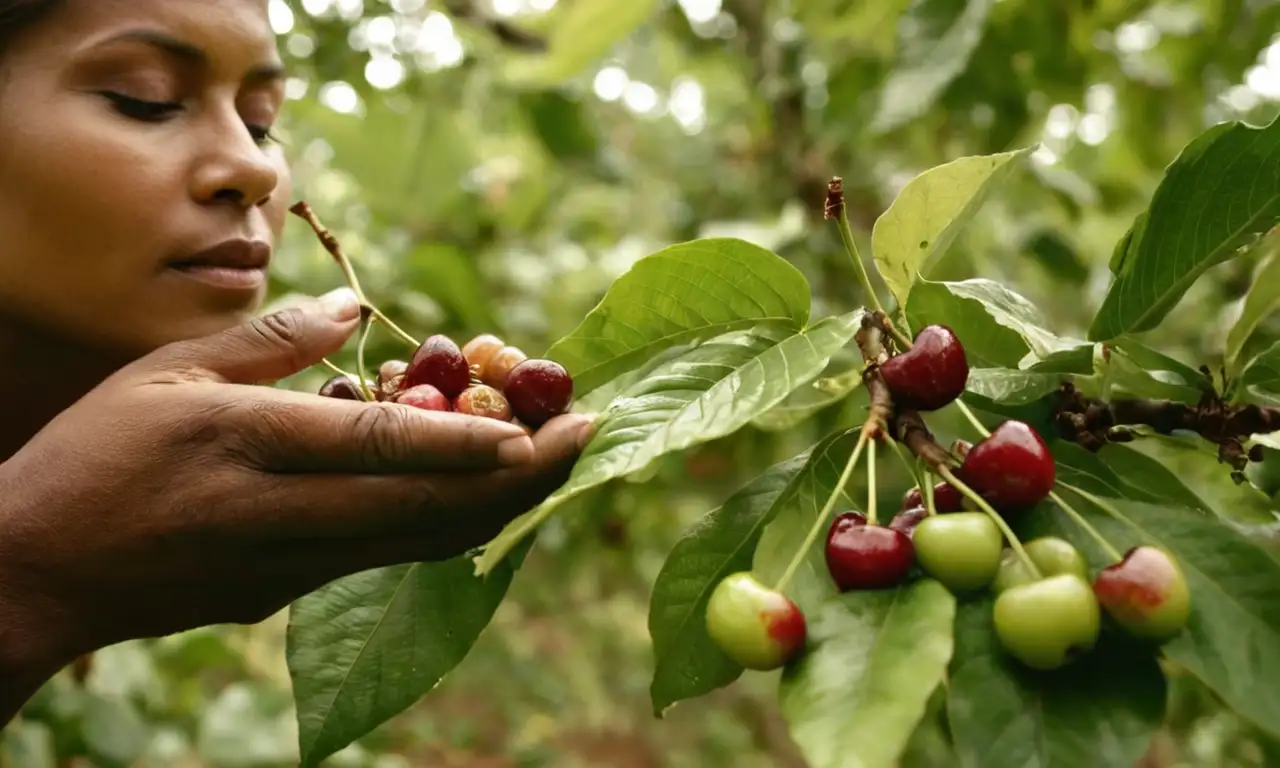 Un trabajador cosecha café en una plantación exuberante
