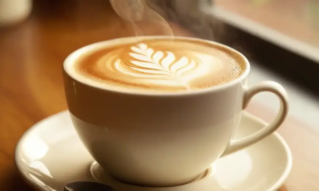Café con leche humeante en taza blanca