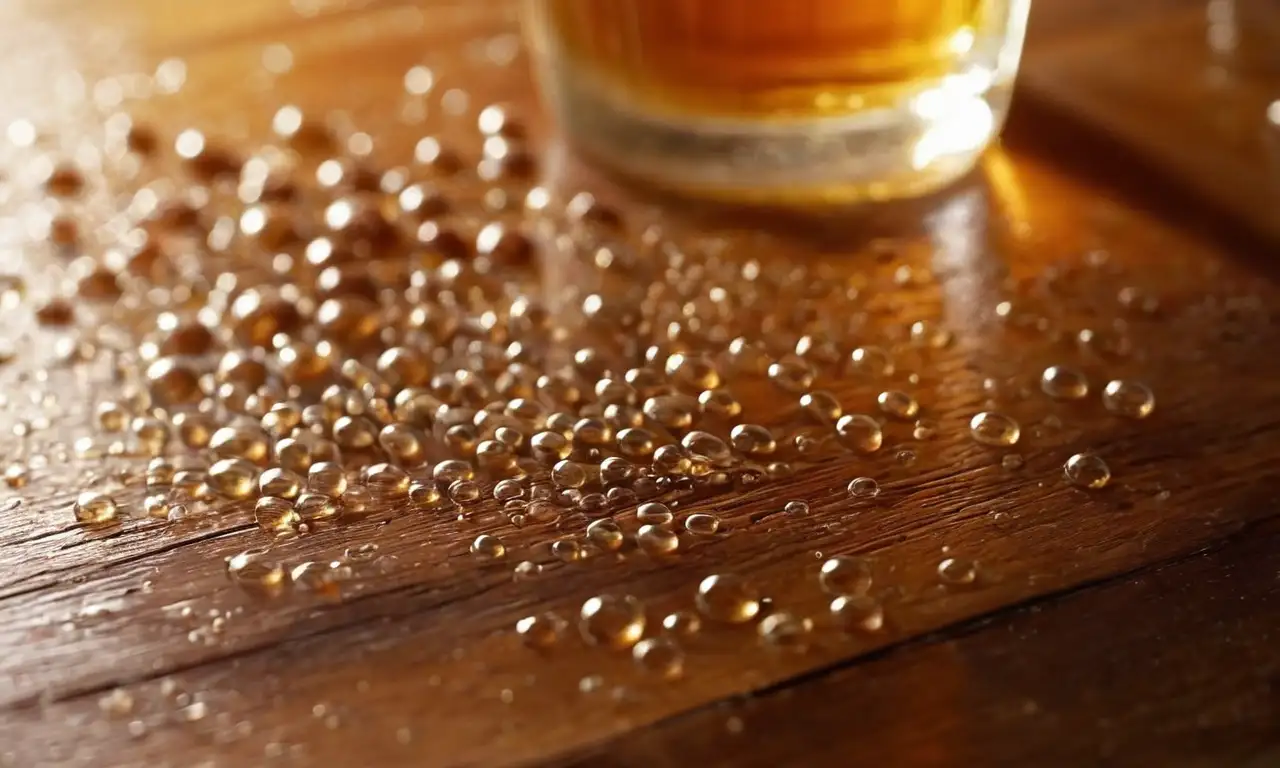Cerveza oscura espumosa en vaso sobre barra de madera con granos de café