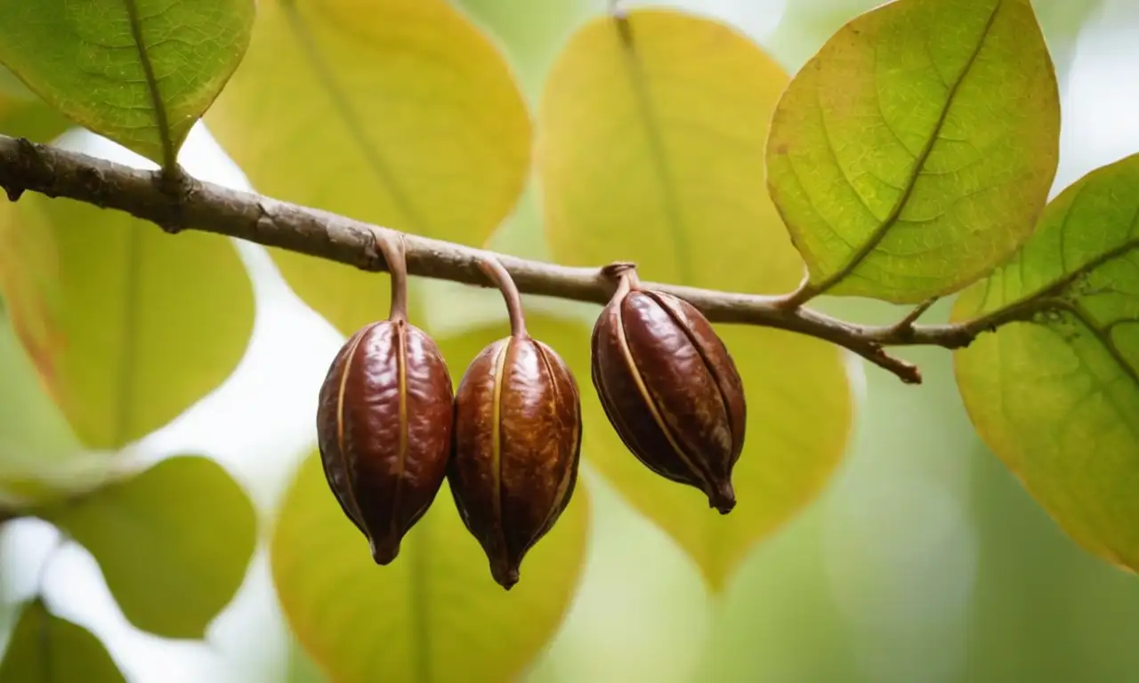 Vaina de cacao madura en su rama, con realismo y detalle