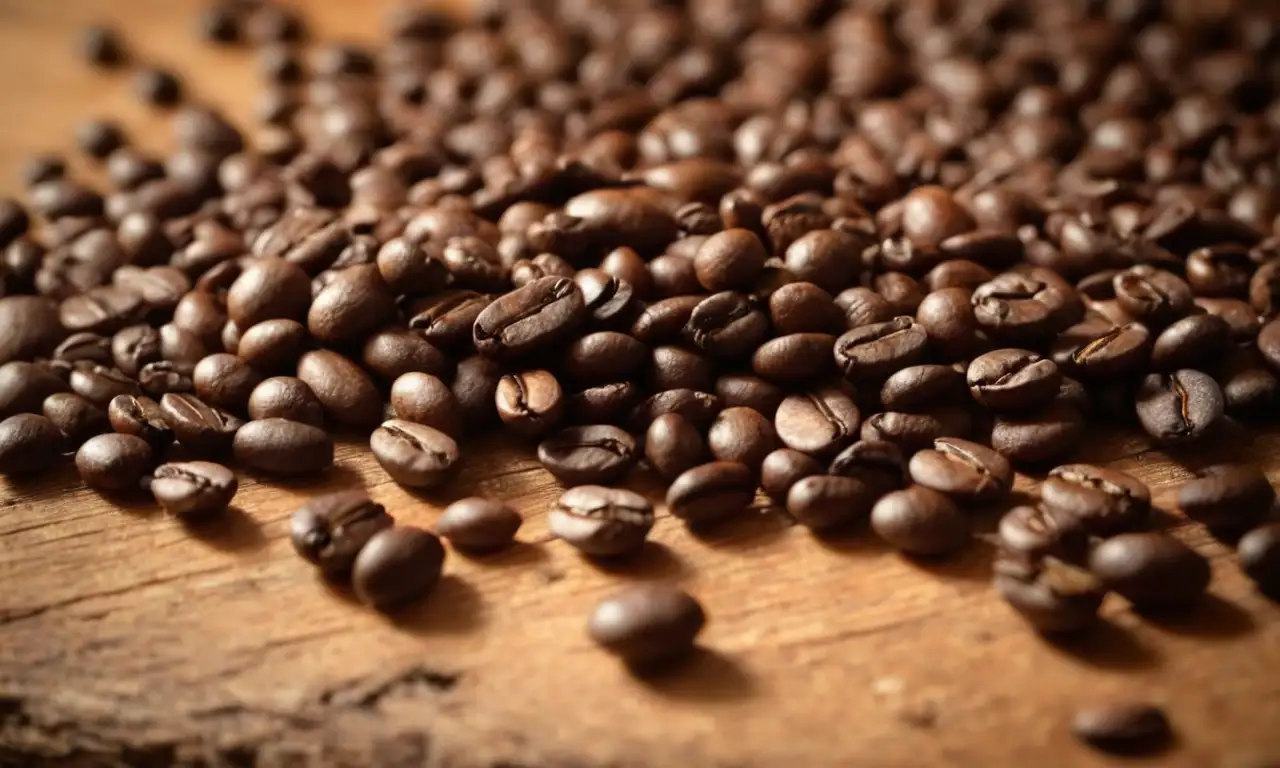 Granos de café oscuros esparcidos sobre una mesa rústica de madera