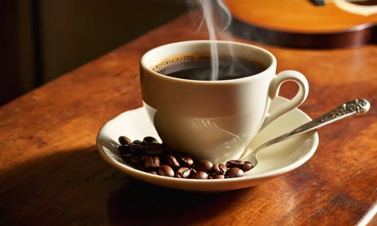 Una vandola, café y granos de café en cálida luz