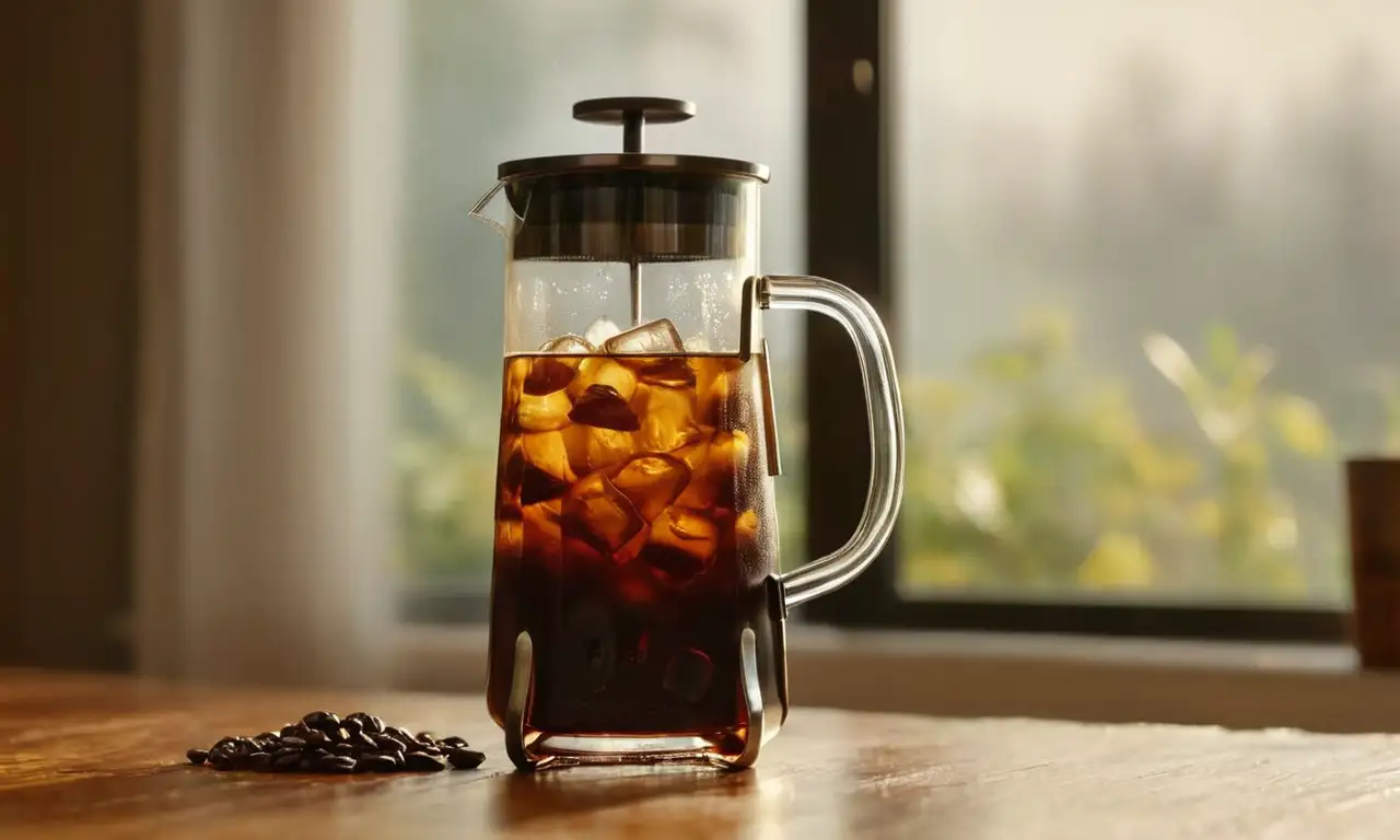 Jarra fría de café con hielo sobre una mesa de madera