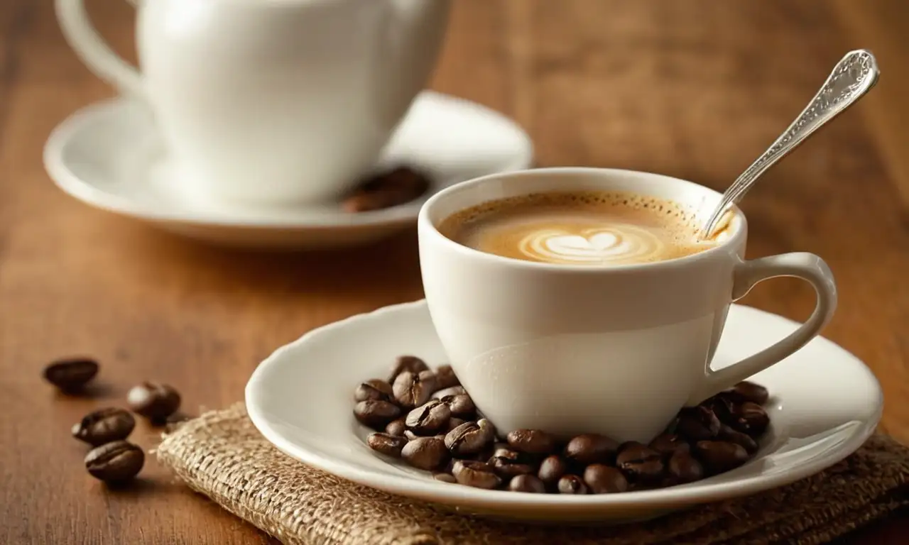 Café expreso recién hecho en una taza, con granos de café esparcidos sobre una mesa de madera