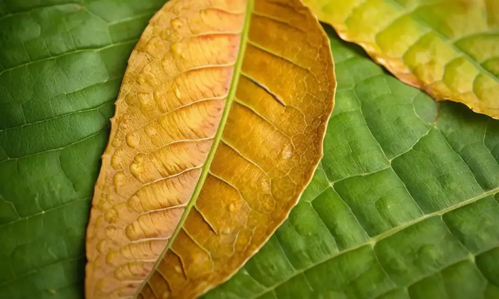 Hoja de café con pústulas rojizas bajo la luz solar difusa