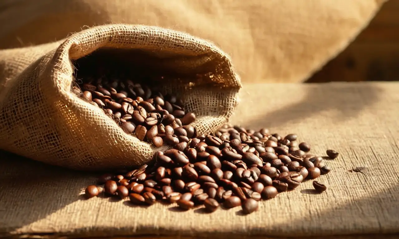 Granos de café derramados sobre una mesa rústica bajo una cálida luz
