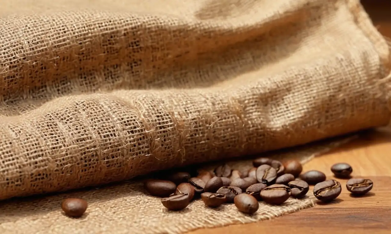 Escena realista de café recién hecho con granos, saco y taza