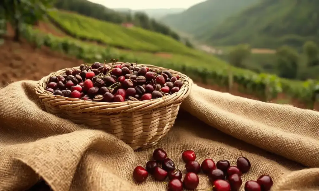 Escena realista de la cosecha de café en una ladera
