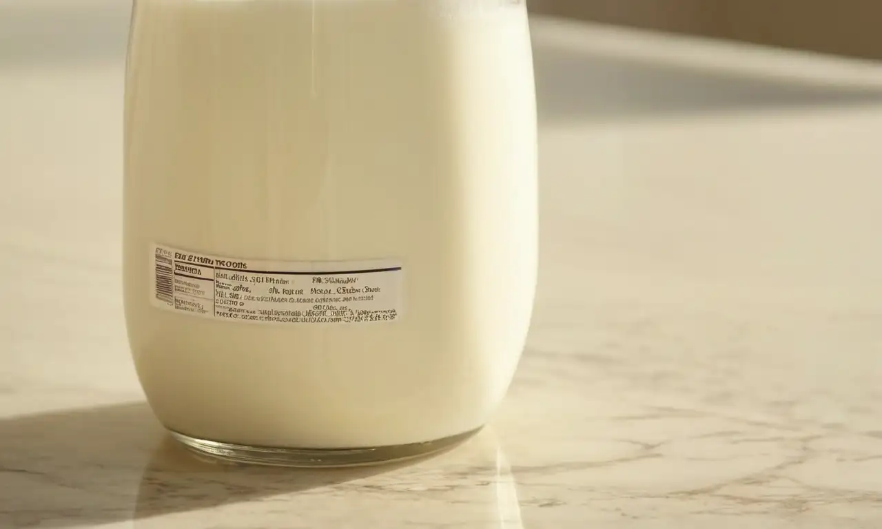Un vaso de leche sobre una encimera