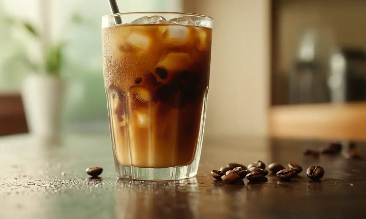 Un vaso helado de café con leche sobre una mesa de madera