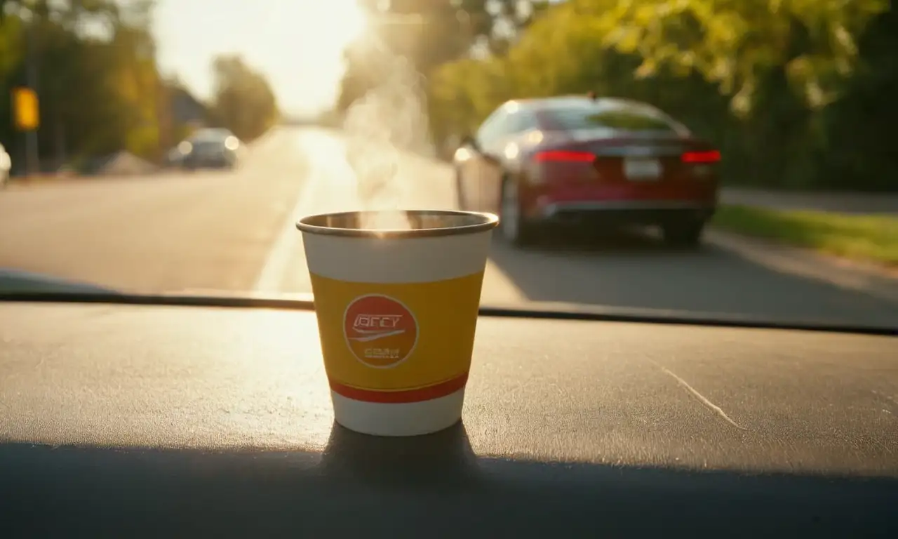 Una imagen realista de un coche en un auto-servicio al atardecer