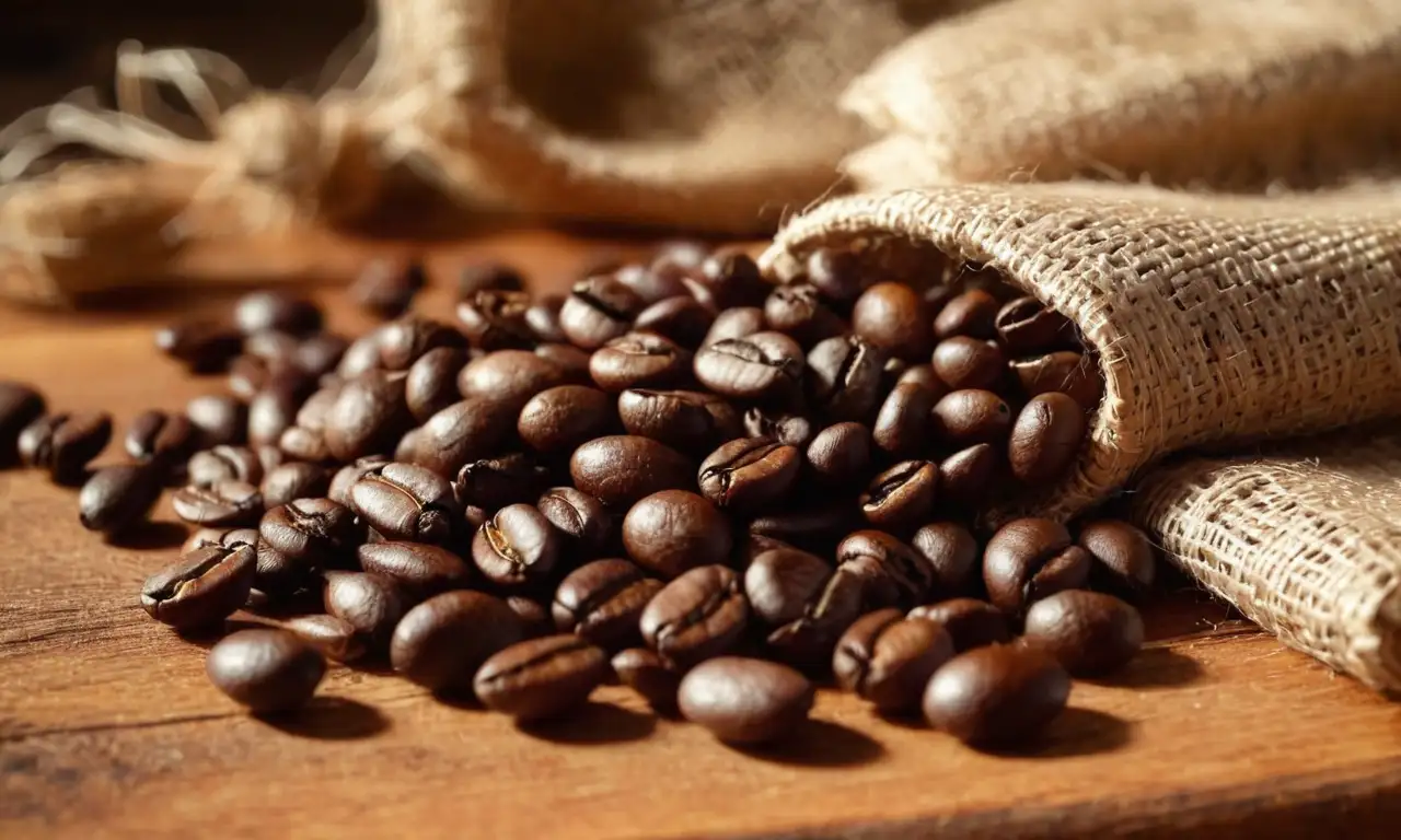 Granos de café oscuros esparcidos sobre una mesa rústica de madera