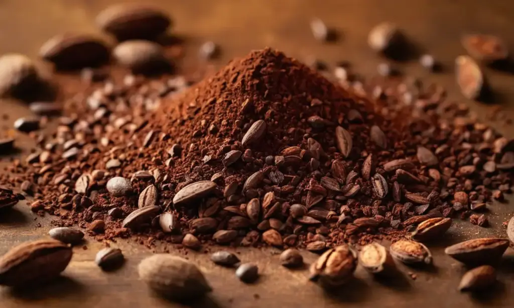Nibs de cacao amontonados junto a cacao en polvo
