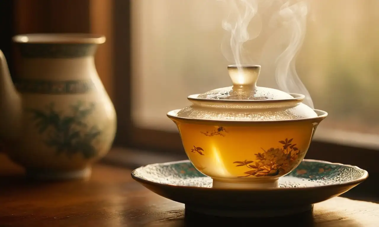Una gaiwan con té oolong humeante, bellamente iluminada, crea una escena serena y realista