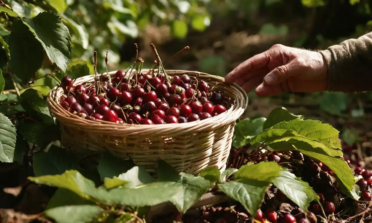 Cerezas de café bajo el sol, manos trabajadoras y una cesta rebosante en un paisaje cafetero