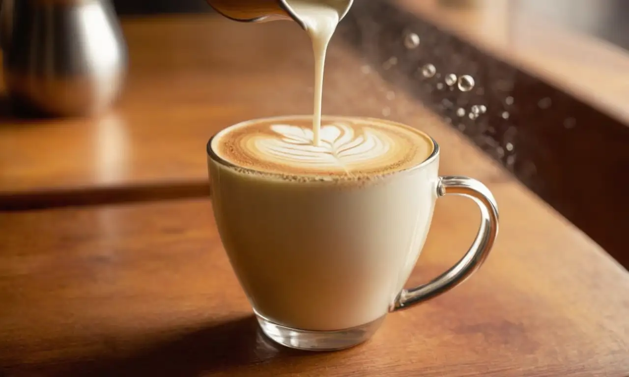 Jarra humeante de leche vegetal sobre una barra de café