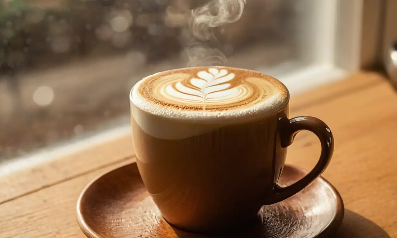 Un latte art realista en una taza sobre una mesa de madera