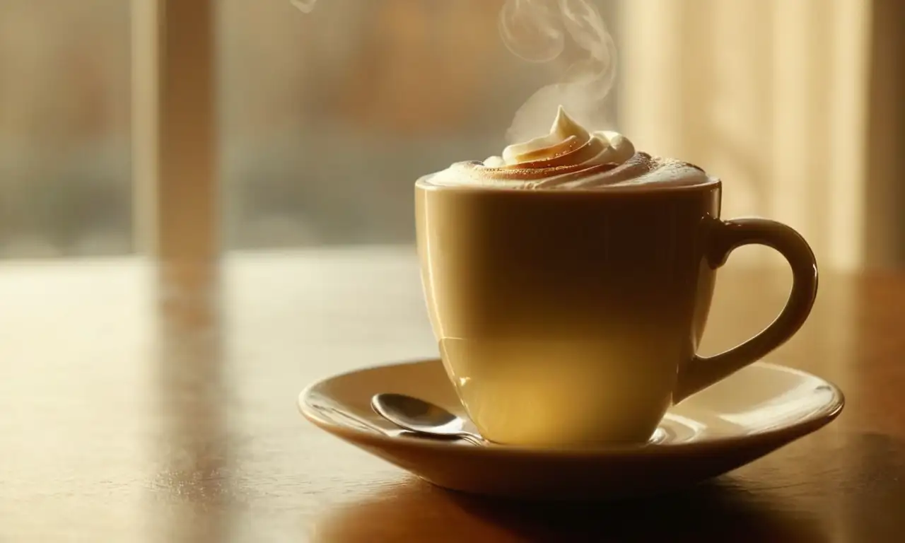 Café humeante en taza de porcelana sobre una mesa iluminada por la mañana