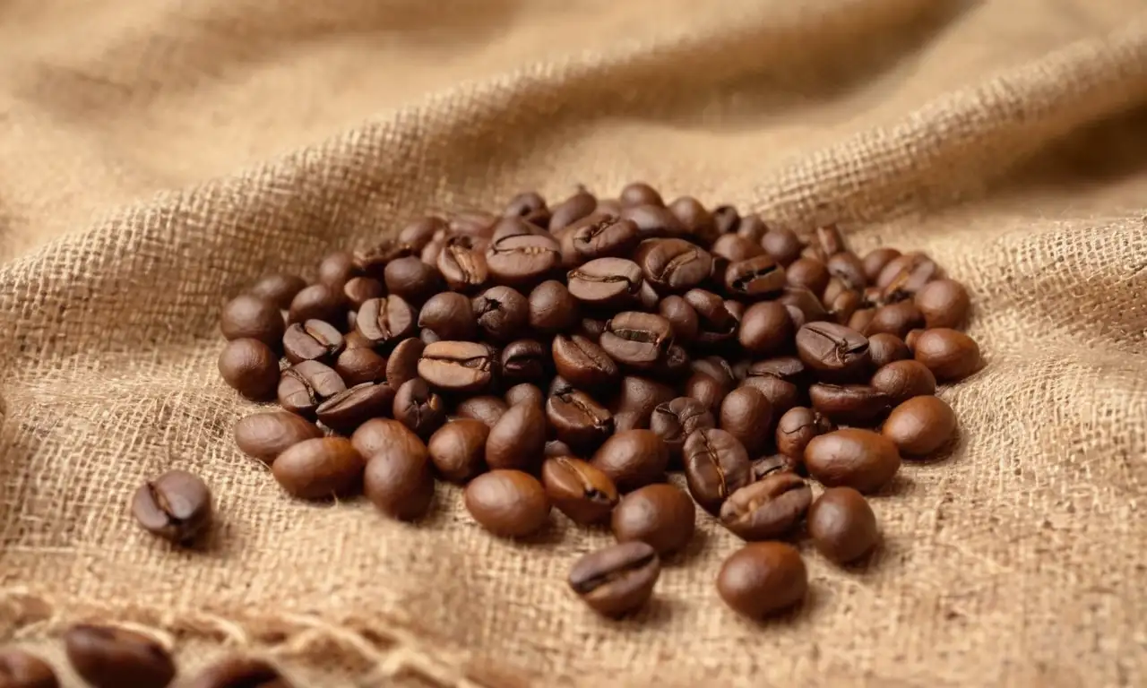 Granos de café tostados esparcidos sobre arpillera