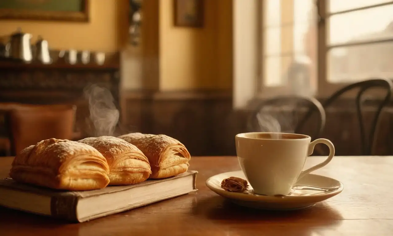 Un acogedor café rebosa de cálida luz y tranquila vida