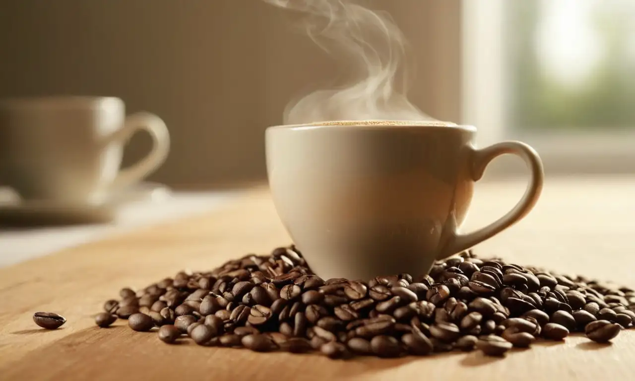 Una taza de café humeante, realista y detallada, sobre una mesa de madera