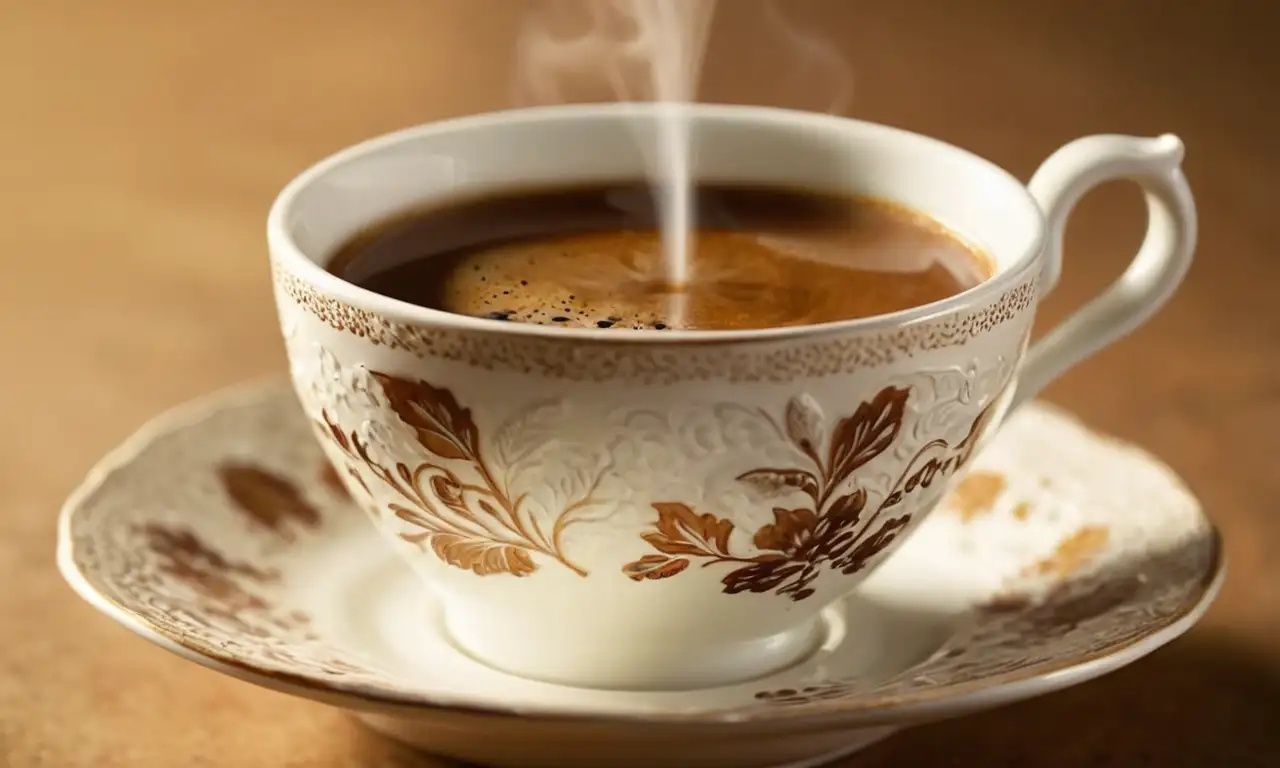 Café humeante en taza blanca de porcelana