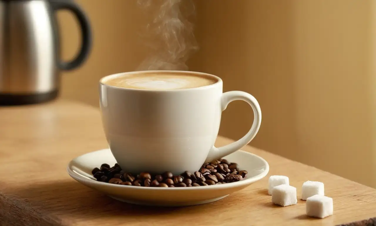Taza de café humeante sobre madera, con azúcar y granos de café