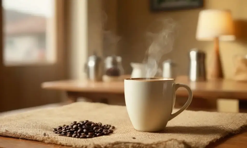 Escena realista de una taza de café en una cafetería