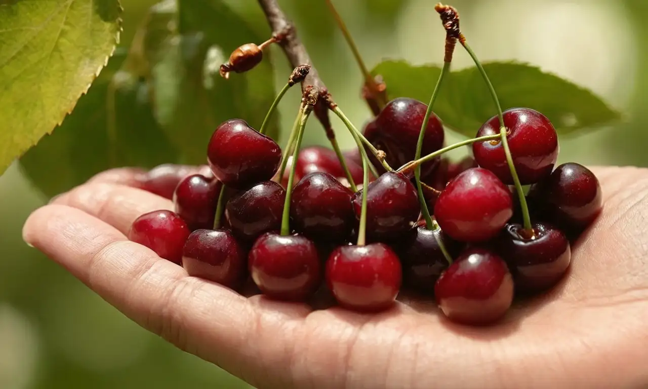 Mano realista sosteniendo cerezas maduras