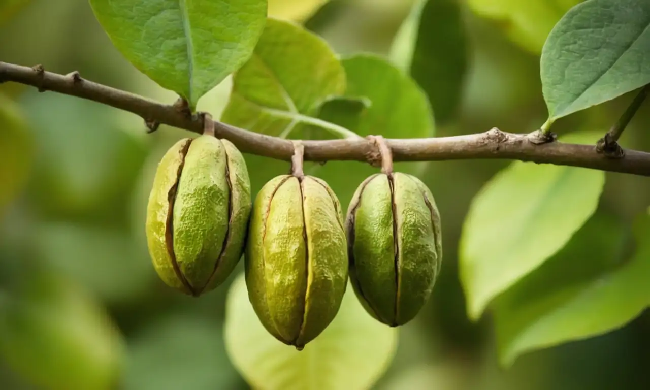 Vaina de cacao verdes en una rama marrón con luz natural