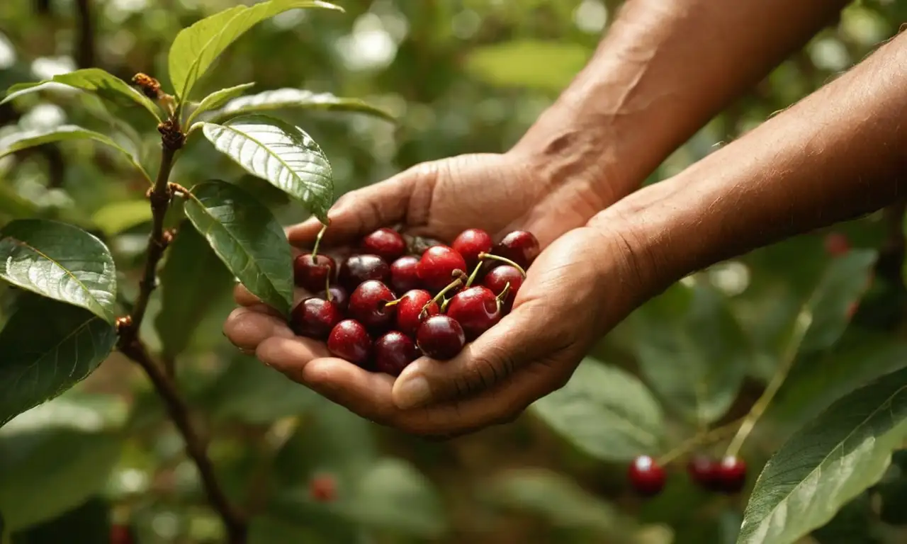Manos curtidas sostienen una cereza de café madura en una plantación bañada por el sol