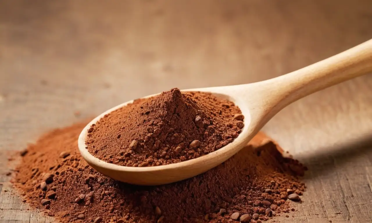 Cuchara de madera con cacao en polvo oscuro
