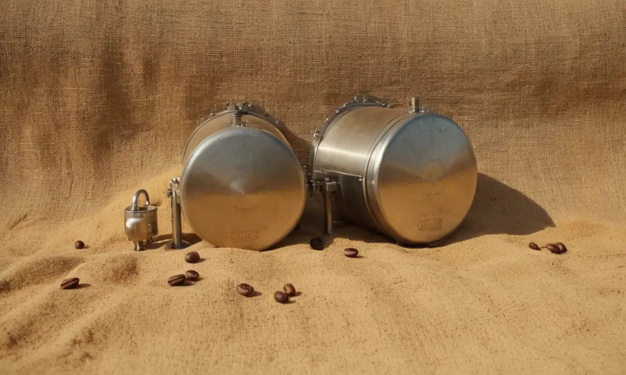Tanques de acero brillan en una tostaduría de café con sacos y granos esparcidos