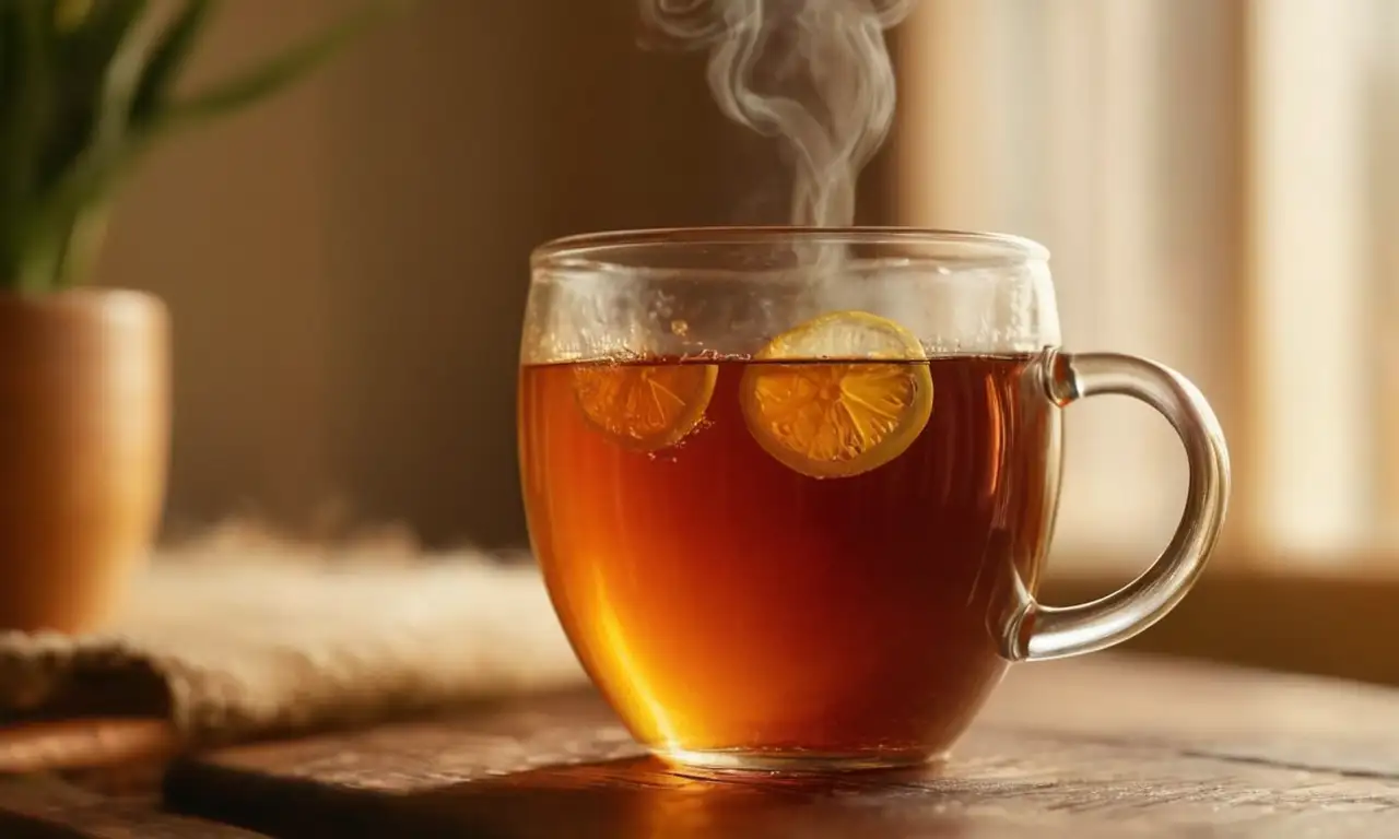 Una taza de té humeante sobre una mesa de madera