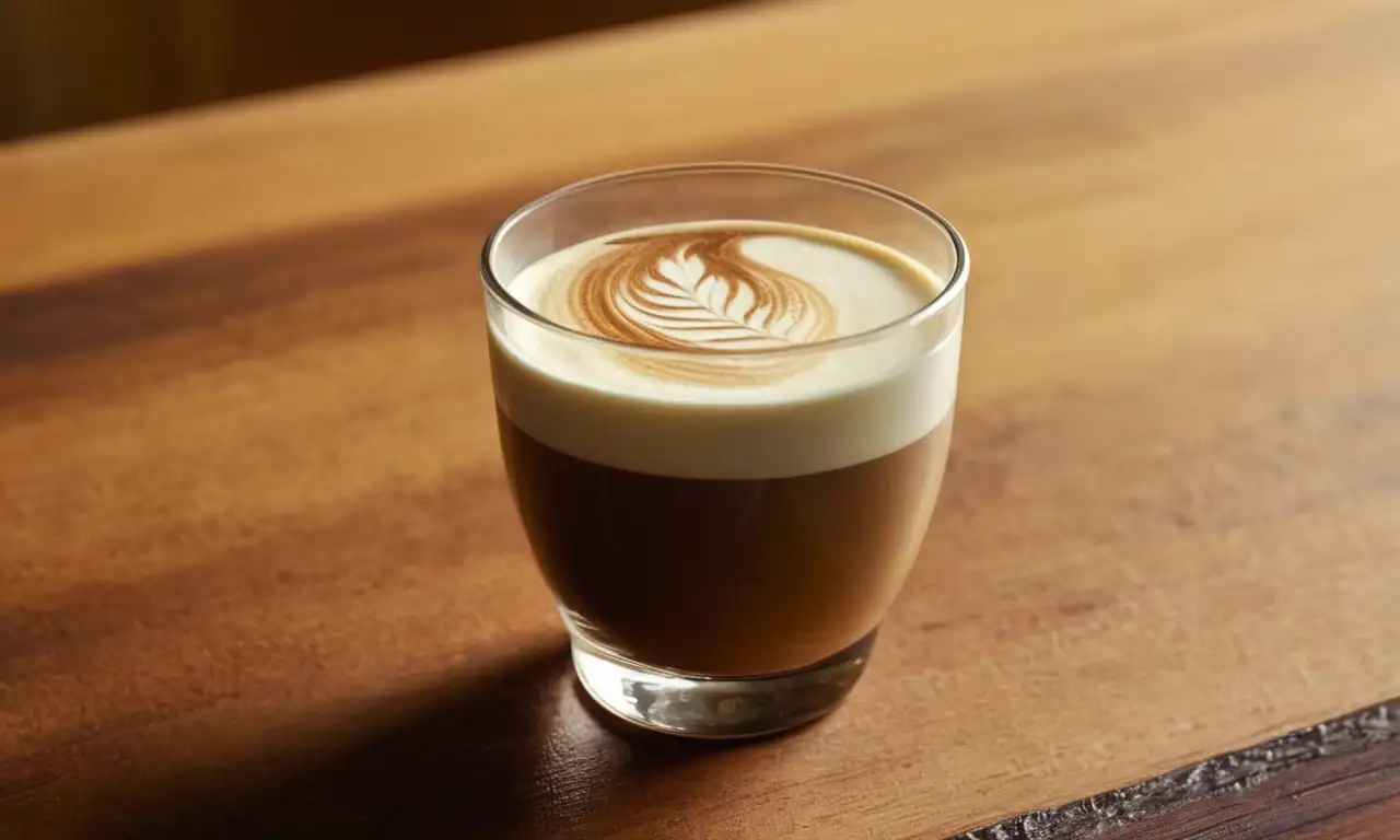 Un café con leche en vaso de cristal sobre una mesa de madera