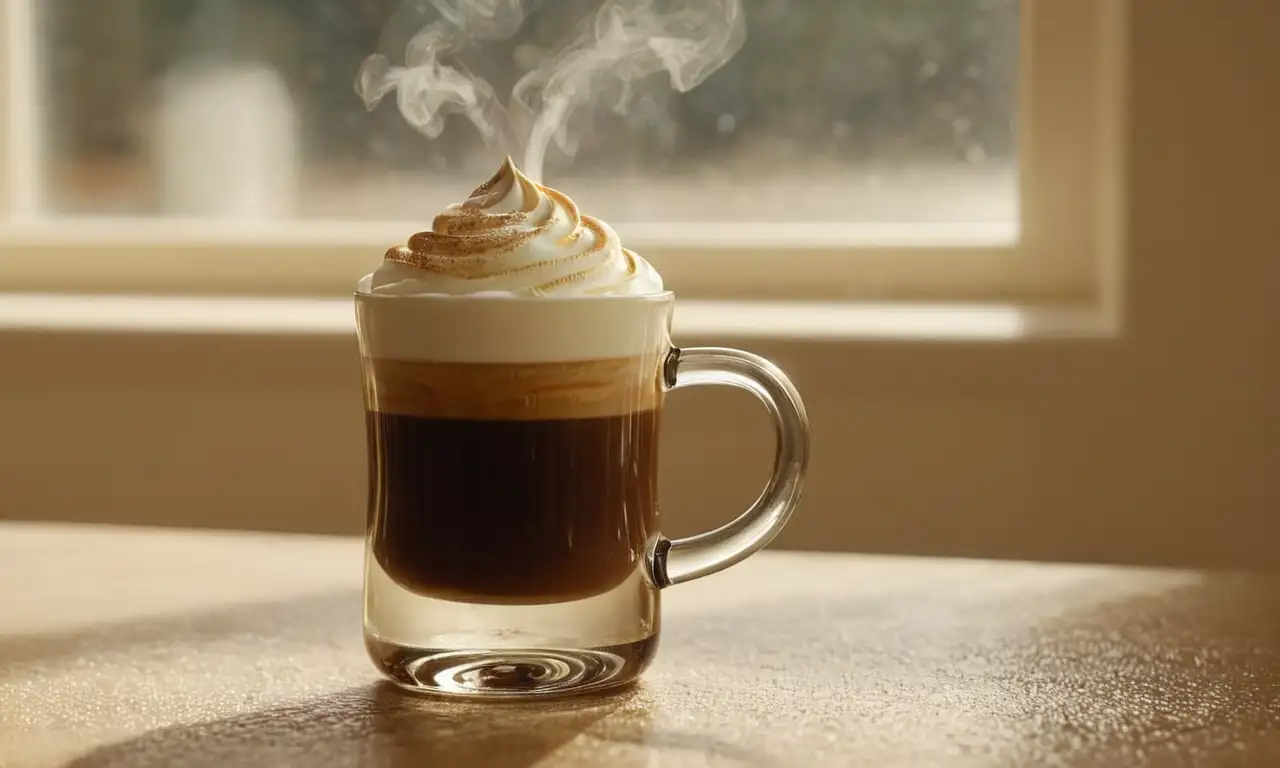 Latte humeante en vaso transparente con arte latte realista