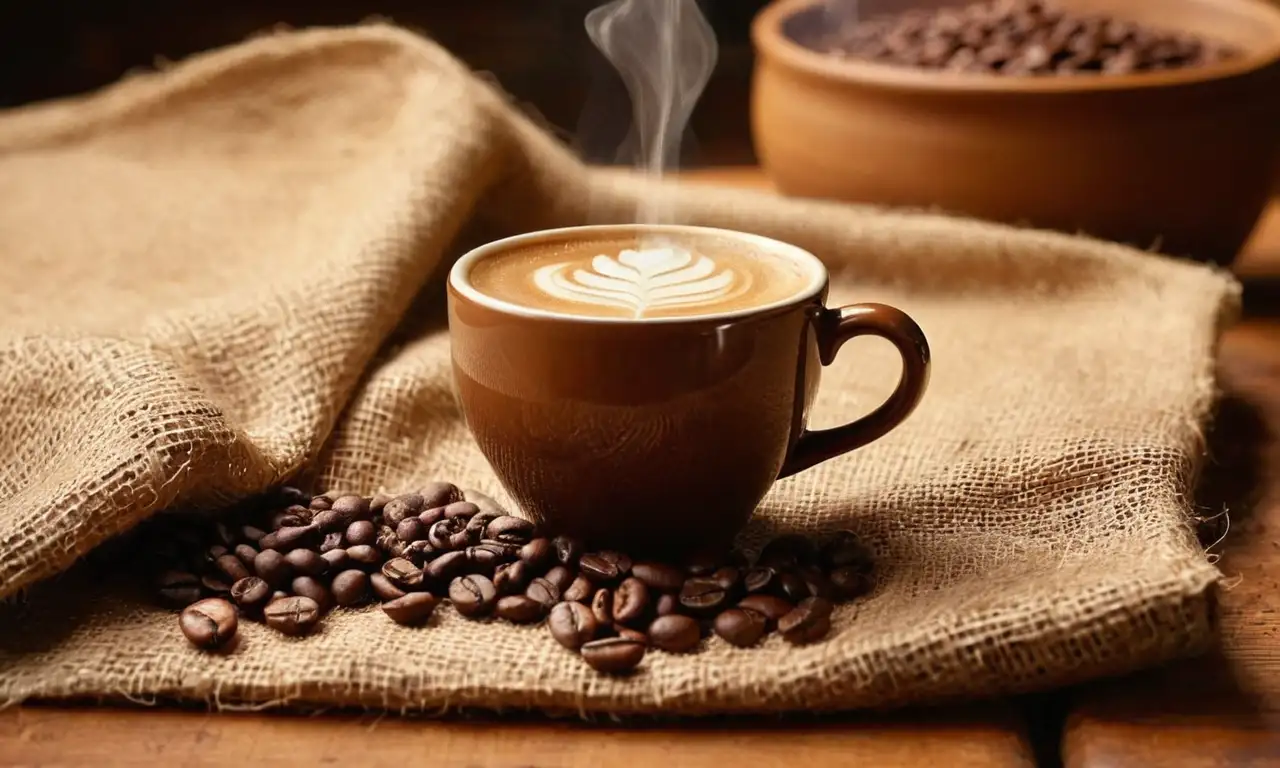 Café humeante en una taza sobre una mesa rústica