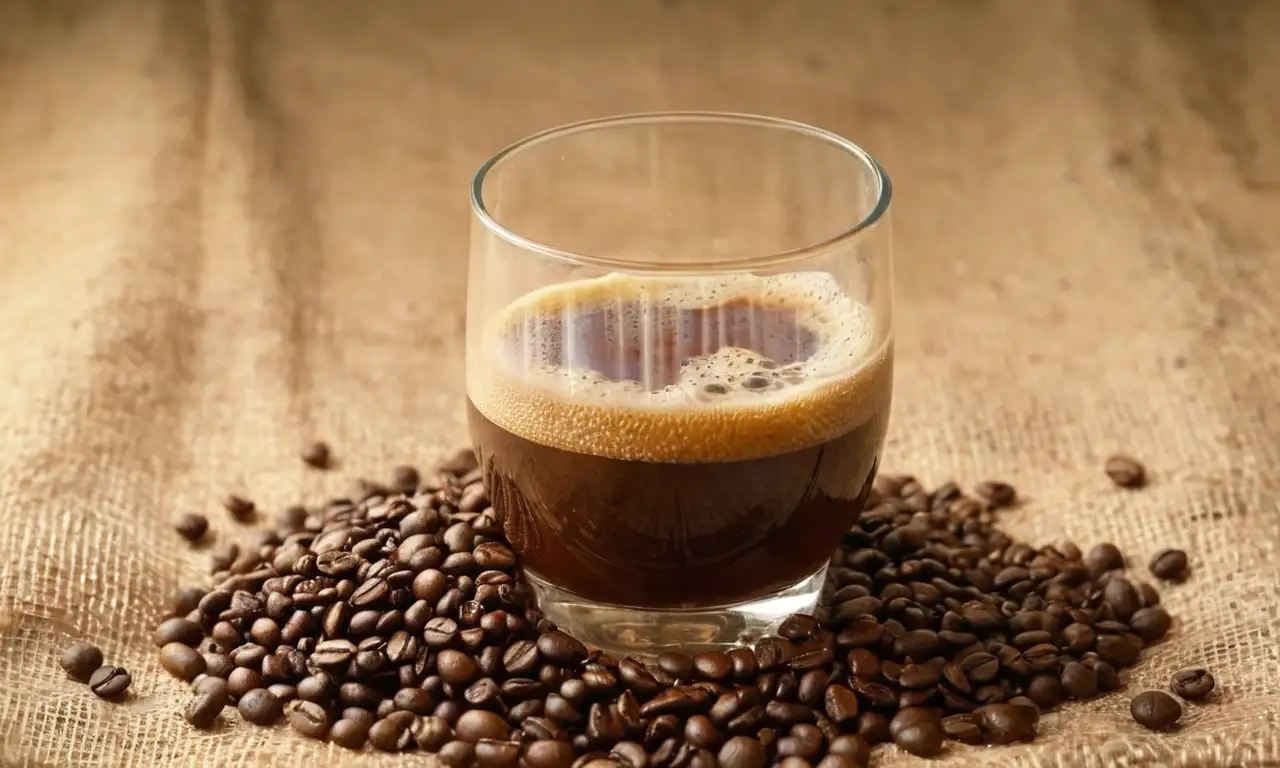 Cerveza oscura con espuma cremosa en un vaso, rodeada de granos de café